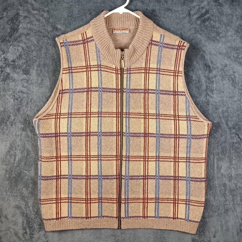 Woolcraft Sweater Vest Men Extra Large Tan Plaid Merino Wool Full Zip VTG